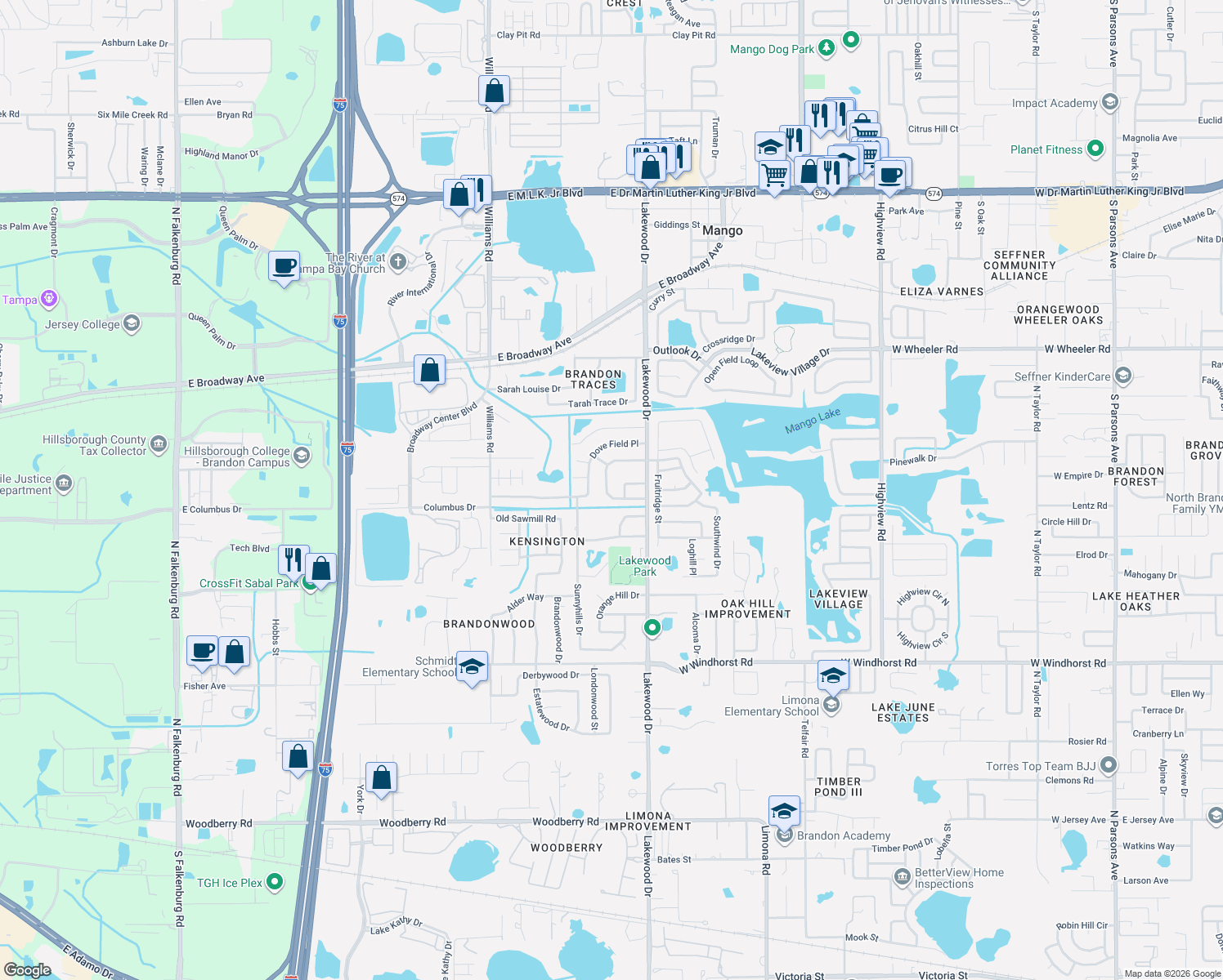 map of restaurants, bars, coffee shops, grocery stores, and more near 1718 Lakecrest Avenue in Brandon