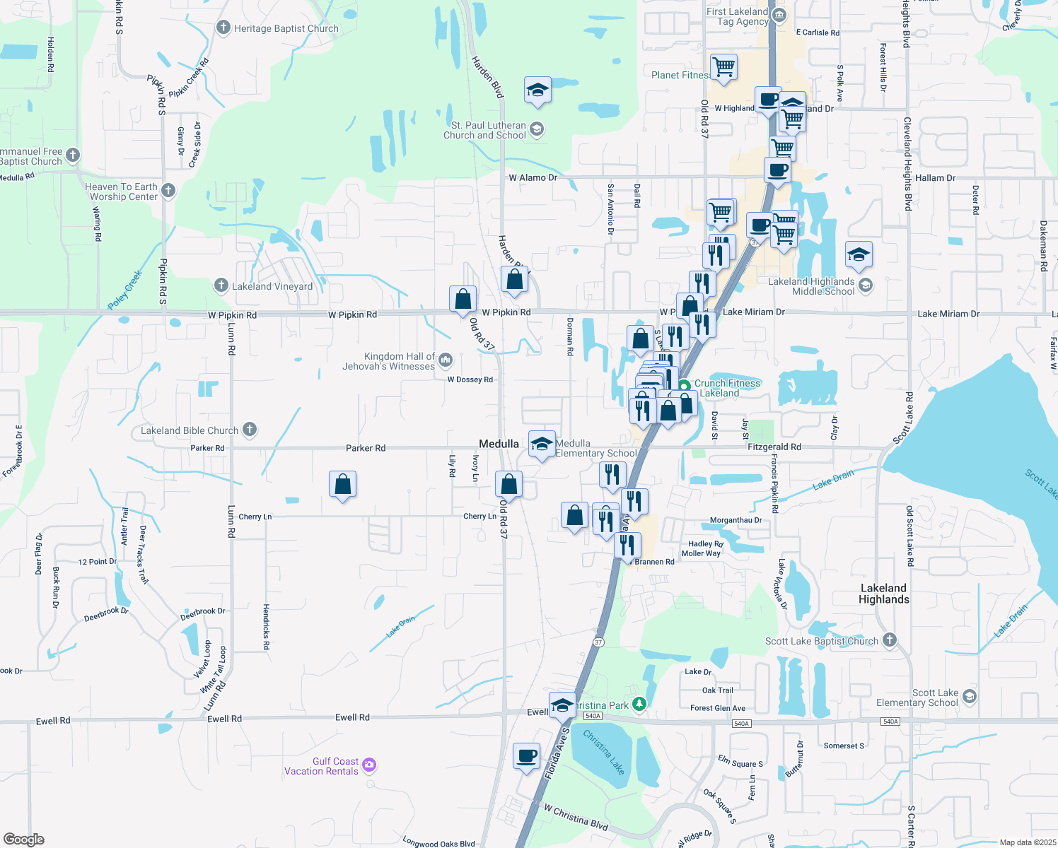 map of restaurants, bars, coffee shops, grocery stores, and more near 1050 Krenson Woods Road in Lakeland