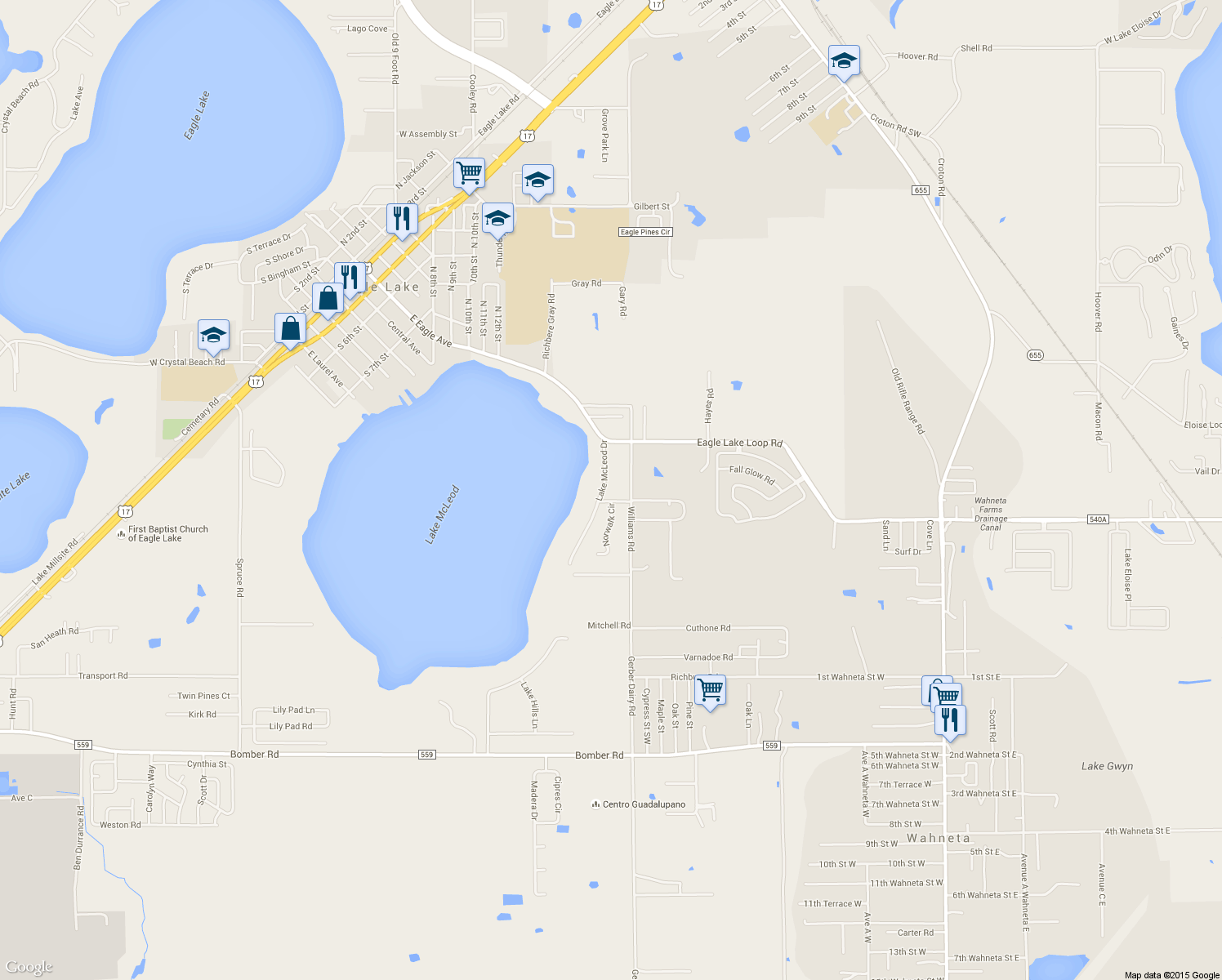 map of restaurants, bars, coffee shops, grocery stores, and more near 141 Lake McLeod Drive in Eagle Lake