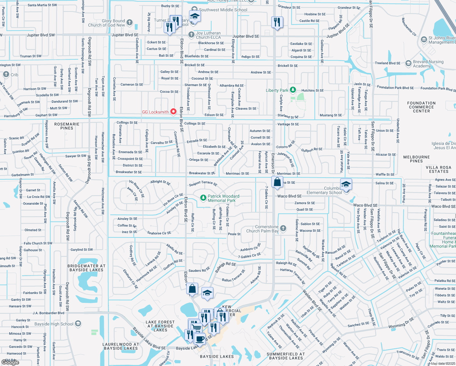 map of restaurants, bars, coffee shops, grocery stores, and more near 1190 Kevitt Ct SE in Palm Bay