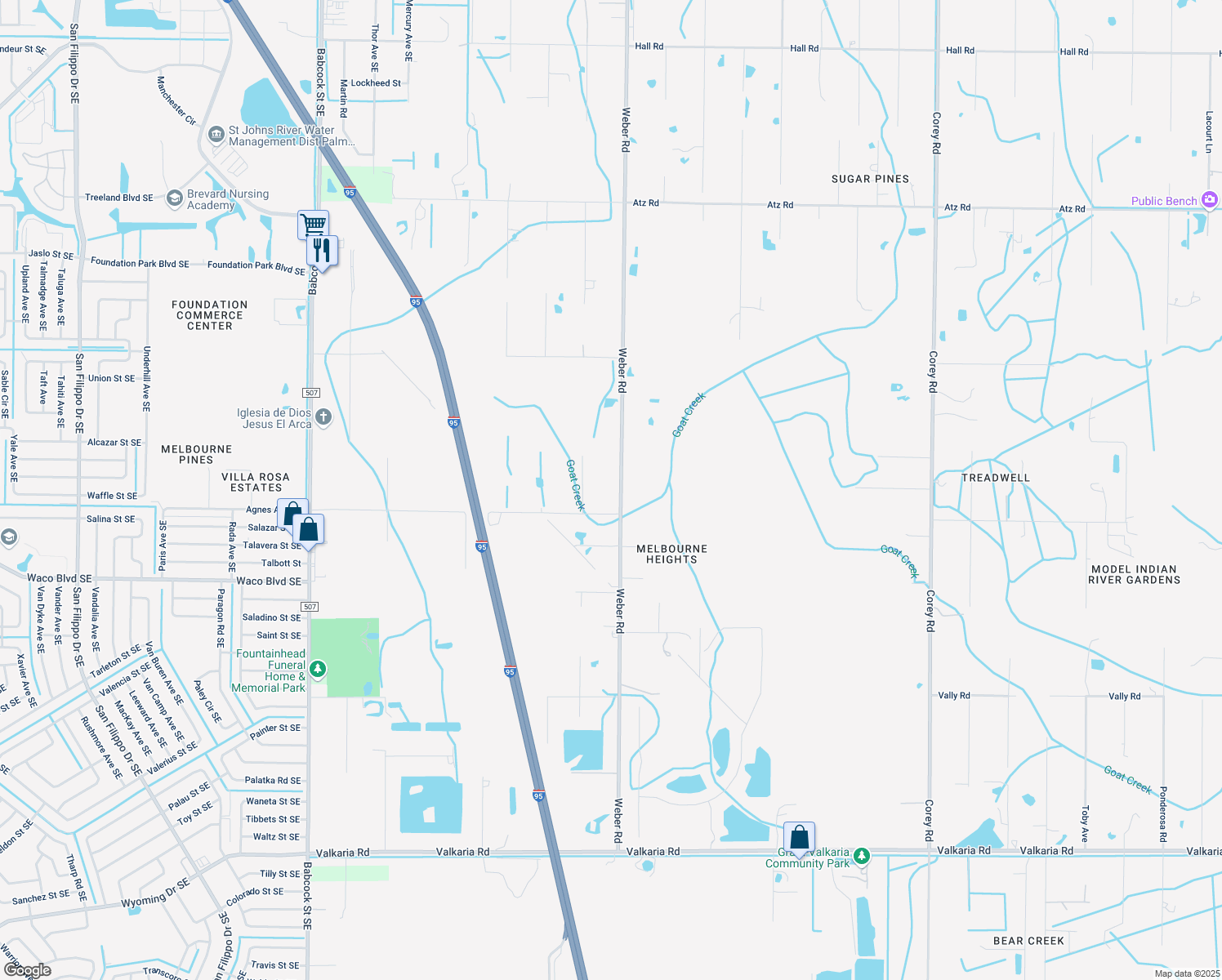 map of restaurants, bars, coffee shops, grocery stores, and more near 3240 Weber Road in Malabar