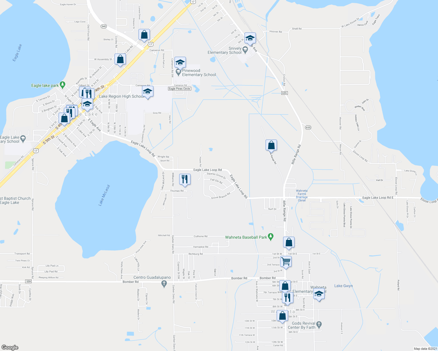 map of restaurants, bars, coffee shops, grocery stores, and more near 584 Squires Grove Drive in Winter Haven