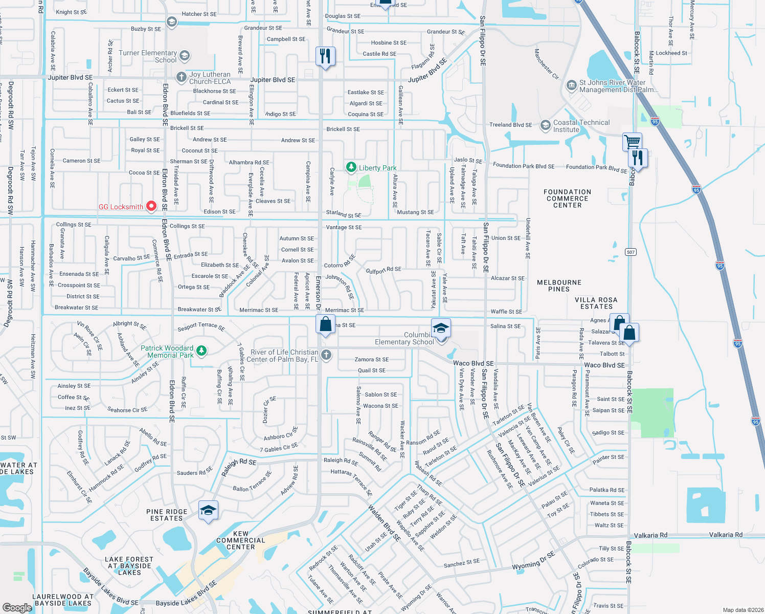 map of restaurants, bars, coffee shops, grocery stores, and more near 1037 Merrimac Street Southeast in Palm Bay
