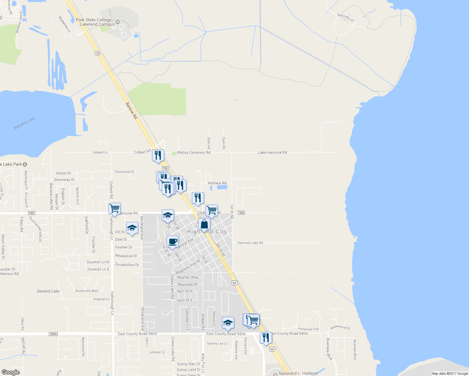 map of restaurants, bars, coffee shops, grocery stores, and more near 4552 Great Blue Heron Drive in Lakeland