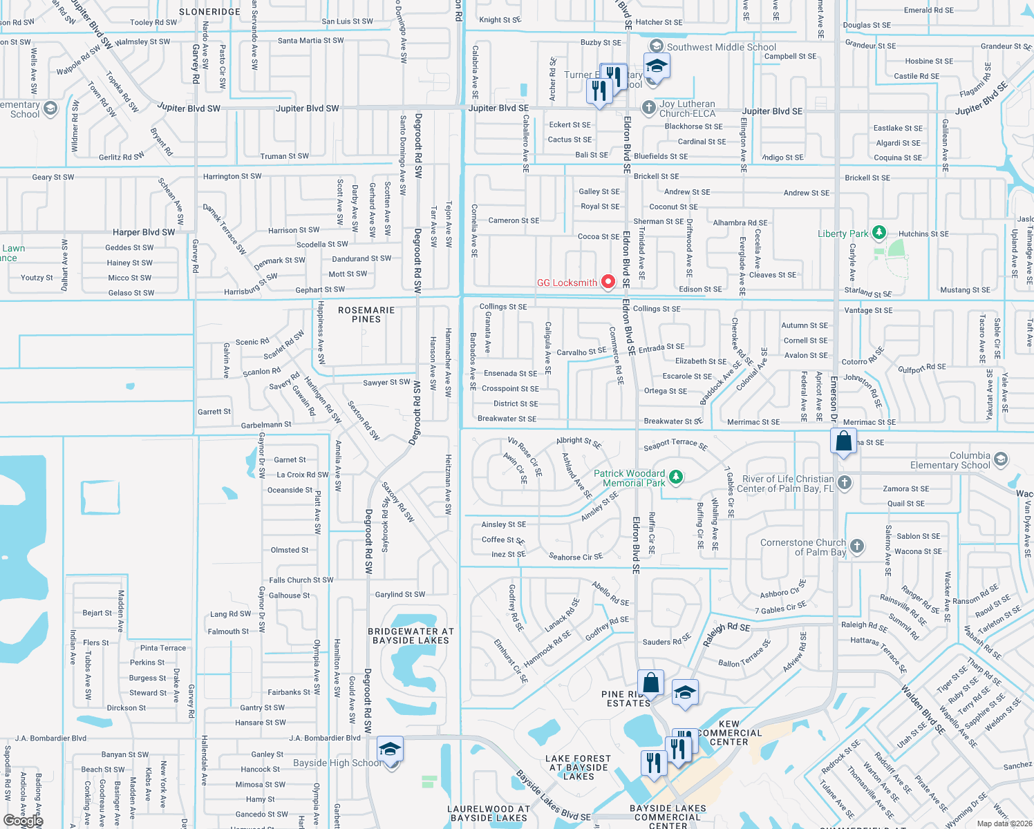 map of restaurants, bars, coffee shops, grocery stores, and more near 201 Breakwater Street Southeast in Palm Bay