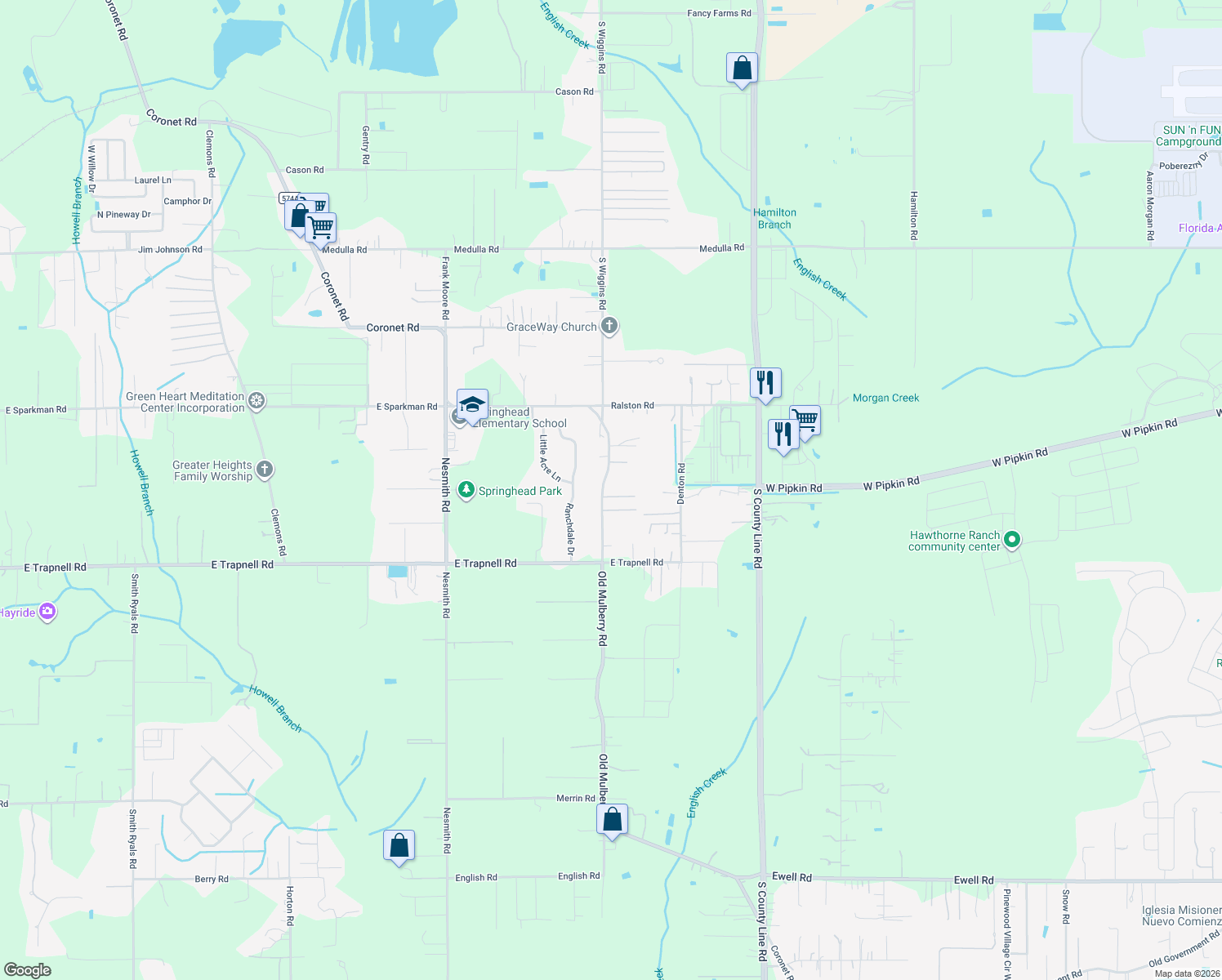 map of restaurants, bars, coffee shops, grocery stores, and more near 3404 Old Mulberry Road in Plant City