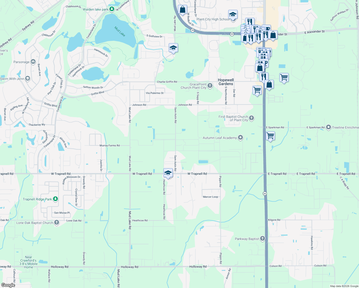 map of restaurants, bars, coffee shops, grocery stores, and more near 3406 Sam Astin Road in Plant City