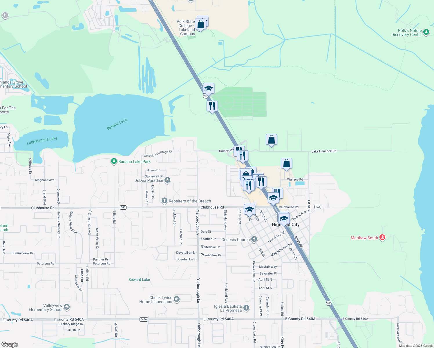 map of restaurants, bars, coffee shops, grocery stores, and more near 3526 Crestwood Court in Lakeland