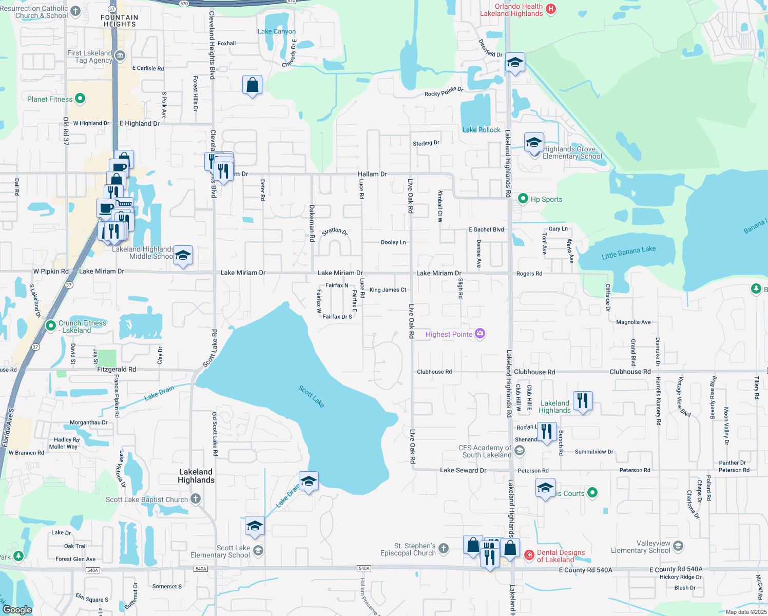 map of restaurants, bars, coffee shops, grocery stores, and more near 1633 Rose Drive in Lakeland