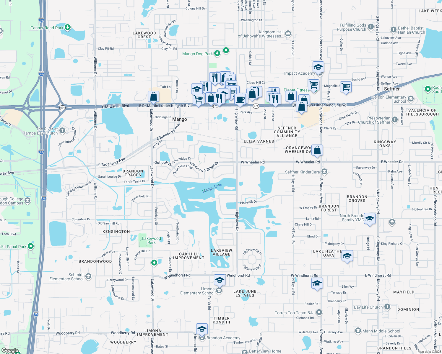 map of restaurants, bars, coffee shops, grocery stores, and more near 1240 Vinetree Drive in Brandon