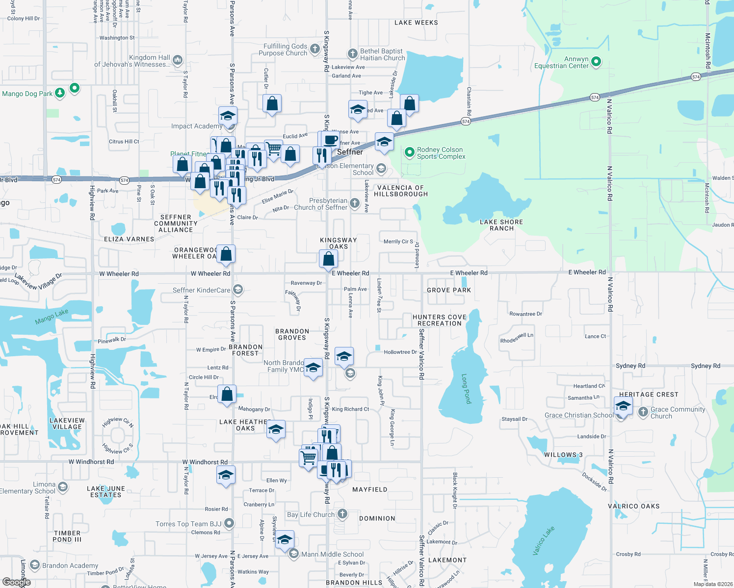 map of restaurants, bars, coffee shops, grocery stores, and more near 2503 Elm Street in Seffner