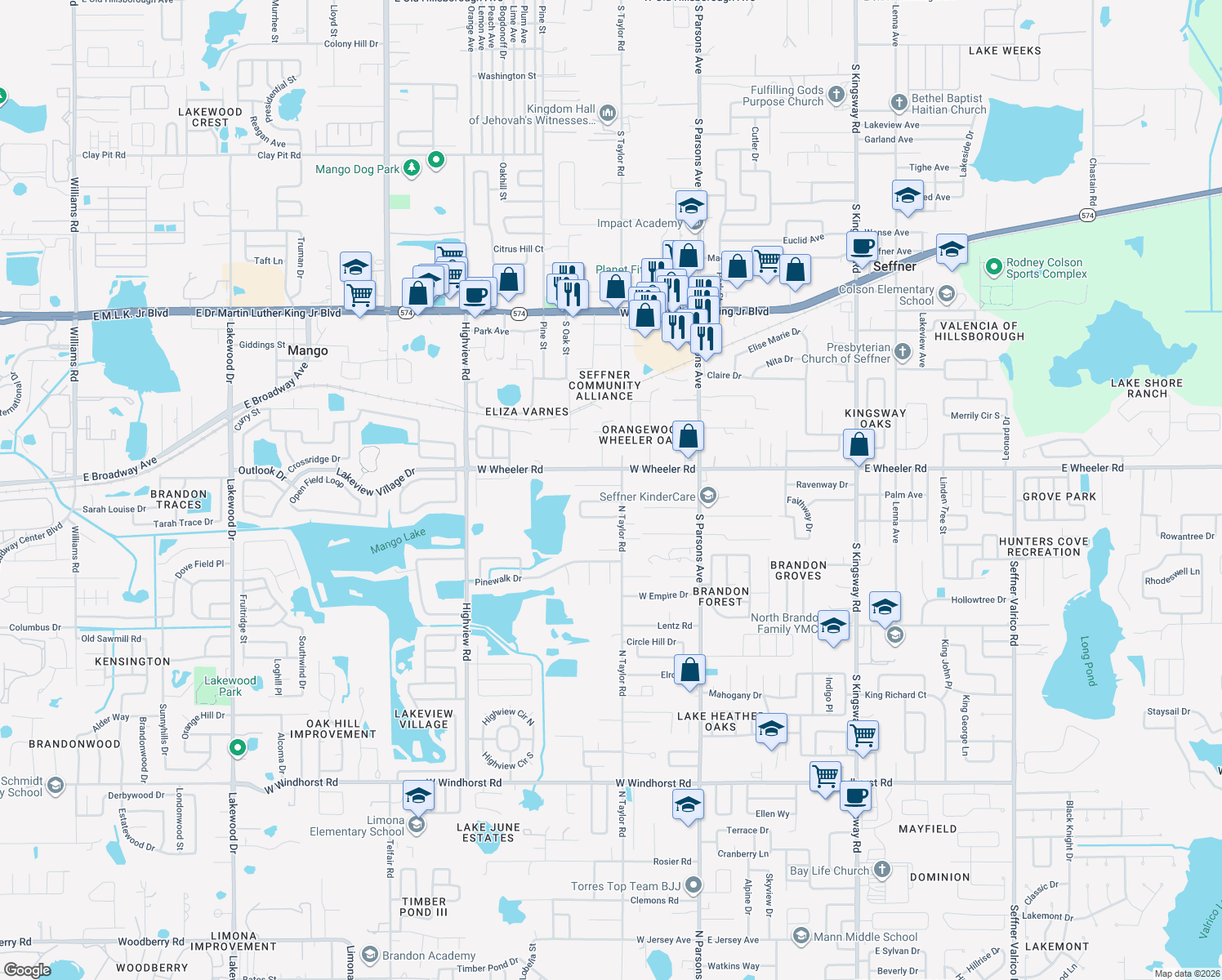 map of restaurants, bars, coffee shops, grocery stores, and more near 2006 North Taylor Road in Brandon