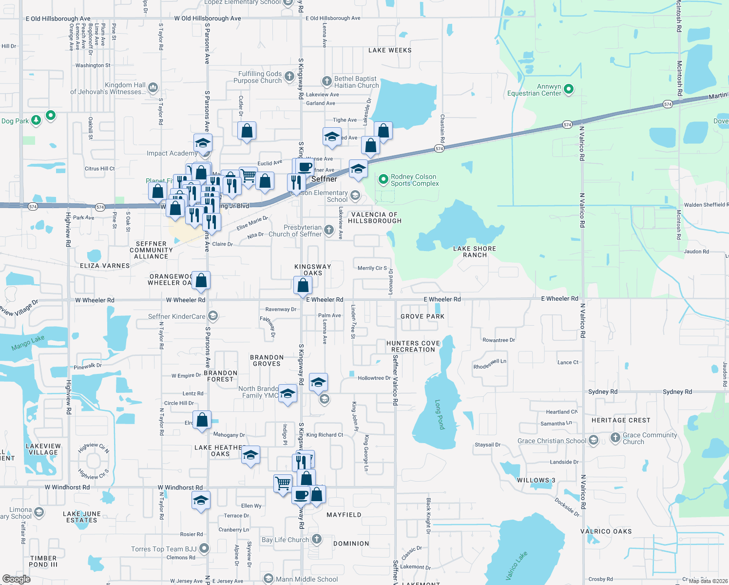 map of restaurants, bars, coffee shops, grocery stores, and more near 609 Wood Road in Seffner