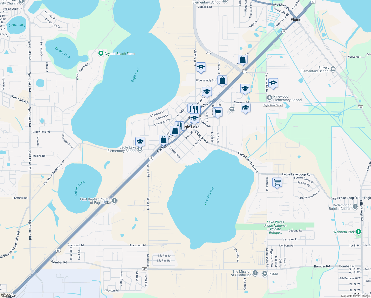 map of restaurants, bars, coffee shops, grocery stores, and more near 688 East McLeod Avenue in Eagle Lake