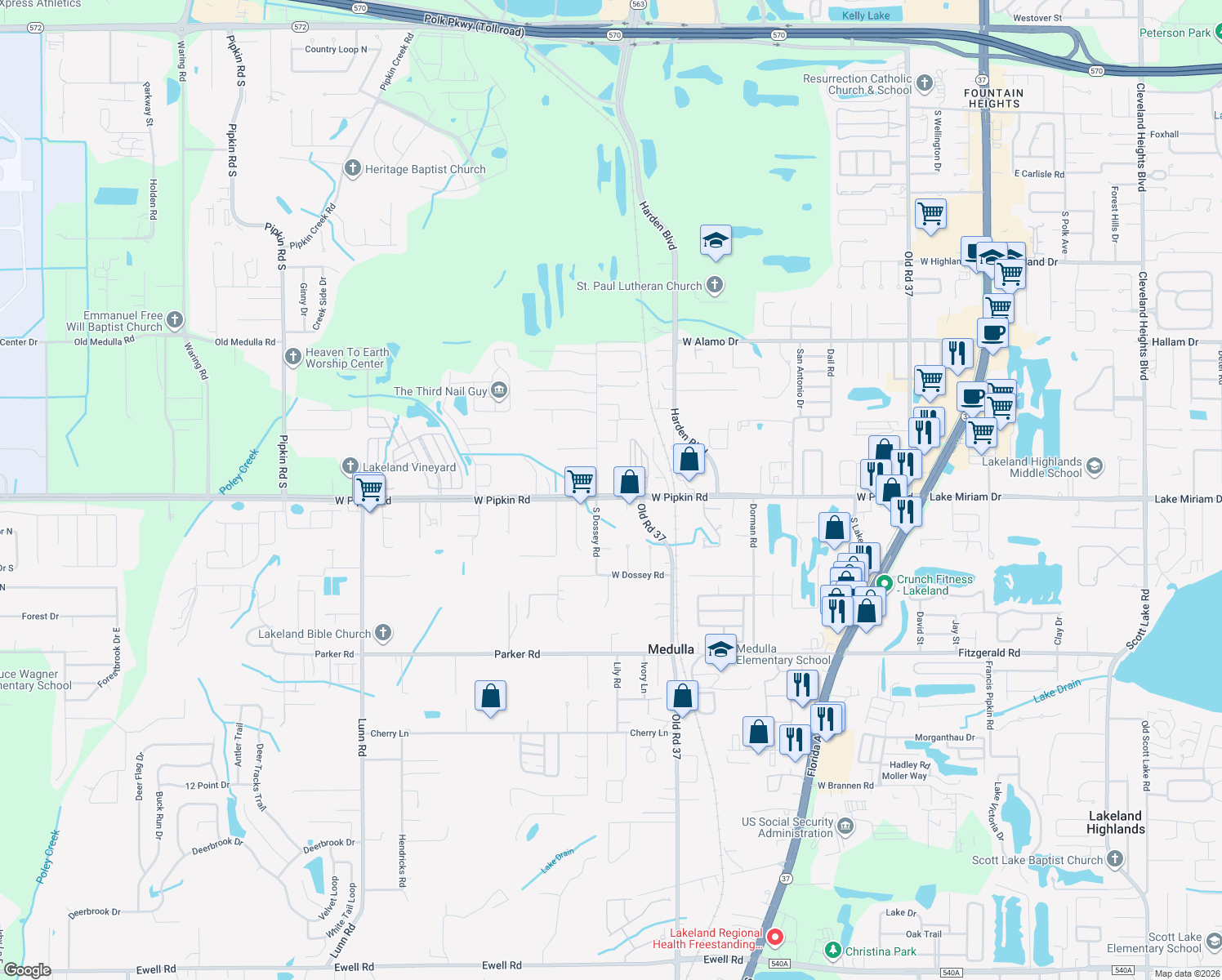 map of restaurants, bars, coffee shops, grocery stores, and more near 1119 West Pipkin Road in Lakeland