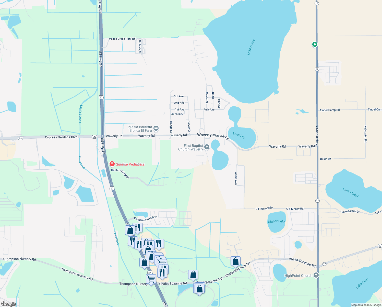 map of restaurants, bars, coffee shops, grocery stores, and more near 201 Woodlawn Avenue in Waverly