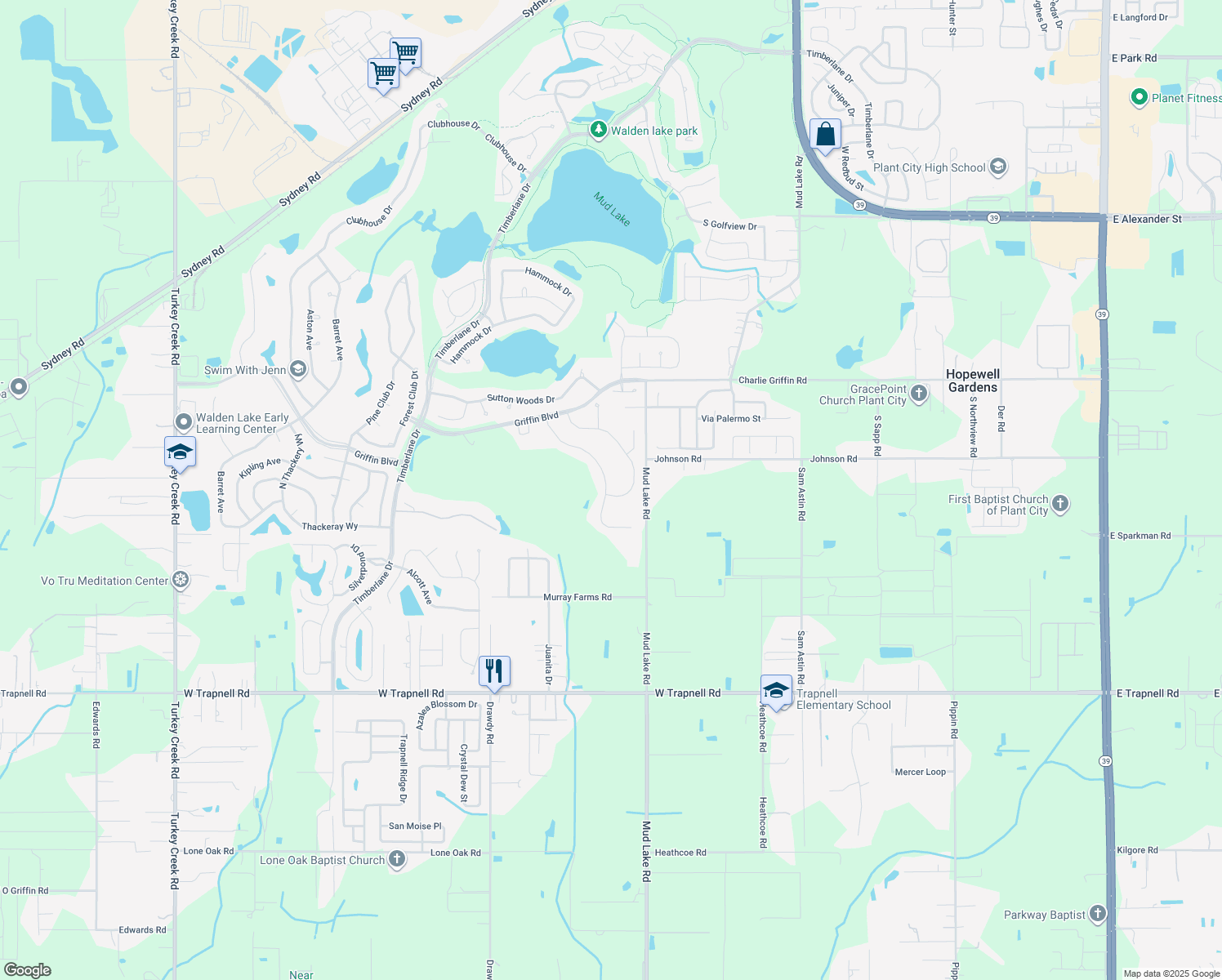 map of restaurants, bars, coffee shops, grocery stores, and more near 2940 Spring Hammock Drive in Plant City
