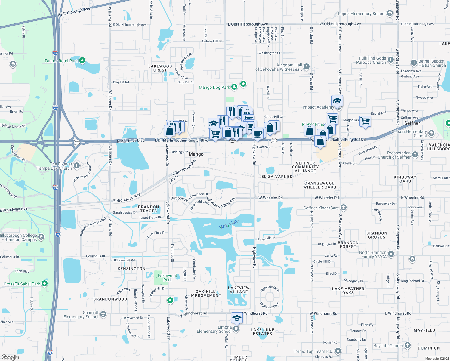 map of restaurants, bars, coffee shops, grocery stores, and more near 1535 Thistledown Drive in Brandon