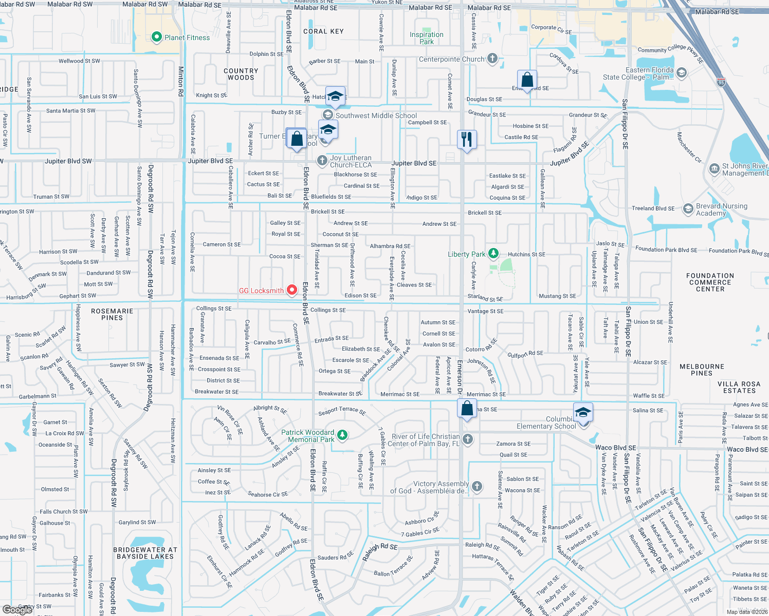 map of restaurants, bars, coffee shops, grocery stores, and more near 601 Vantage Street Southeast in Palm Bay