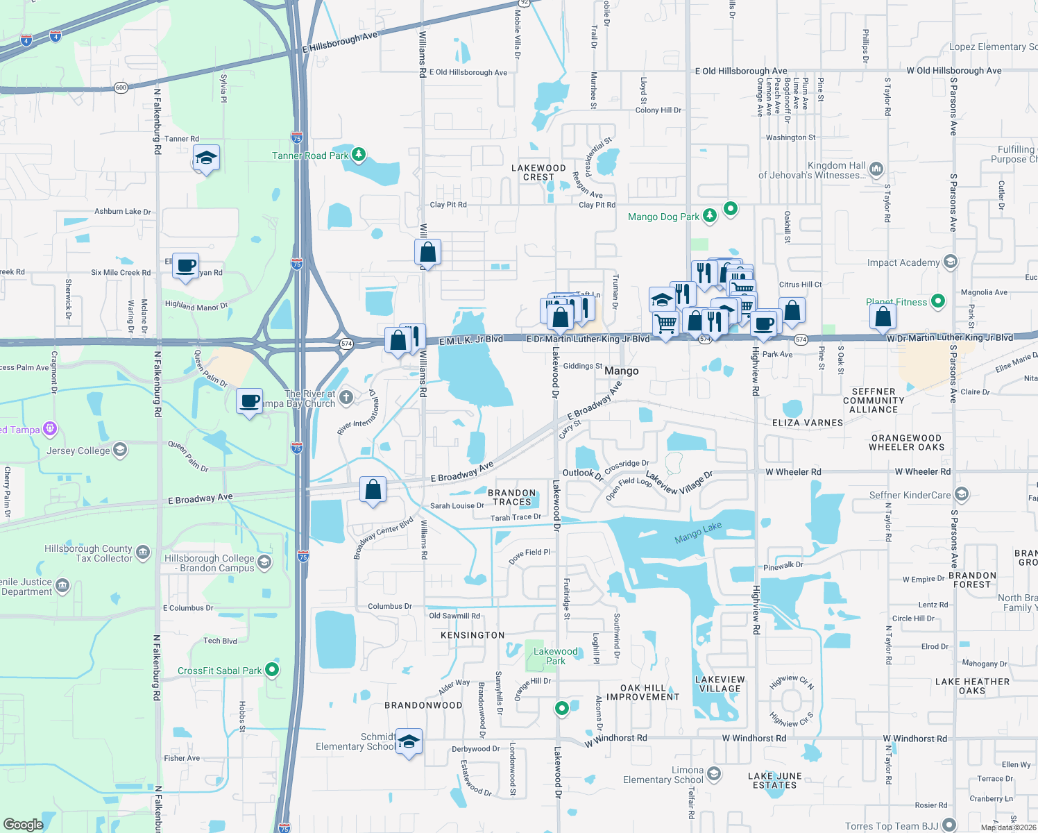 map of restaurants, bars, coffee shops, grocery stores, and more near 2318 Hibiscus Avenue in Seffner