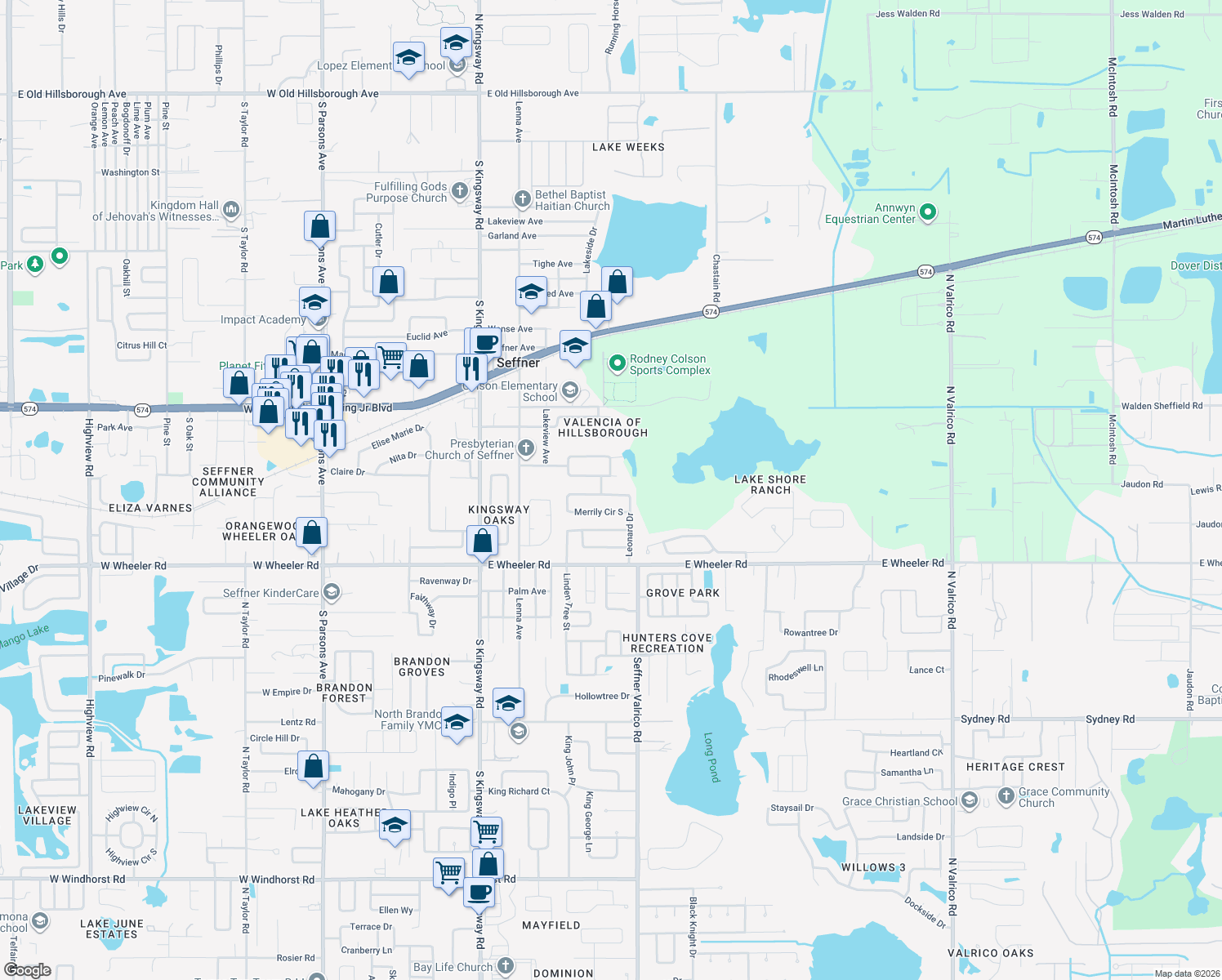 map of restaurants, bars, coffee shops, grocery stores, and more near 2307 Merrily Circle North in Seffner