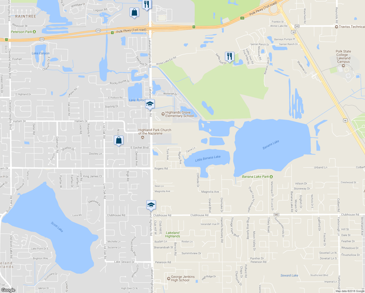map of restaurants, bars, coffee shops, grocery stores, and more near 4808 Marla Avenue in Lakeland
