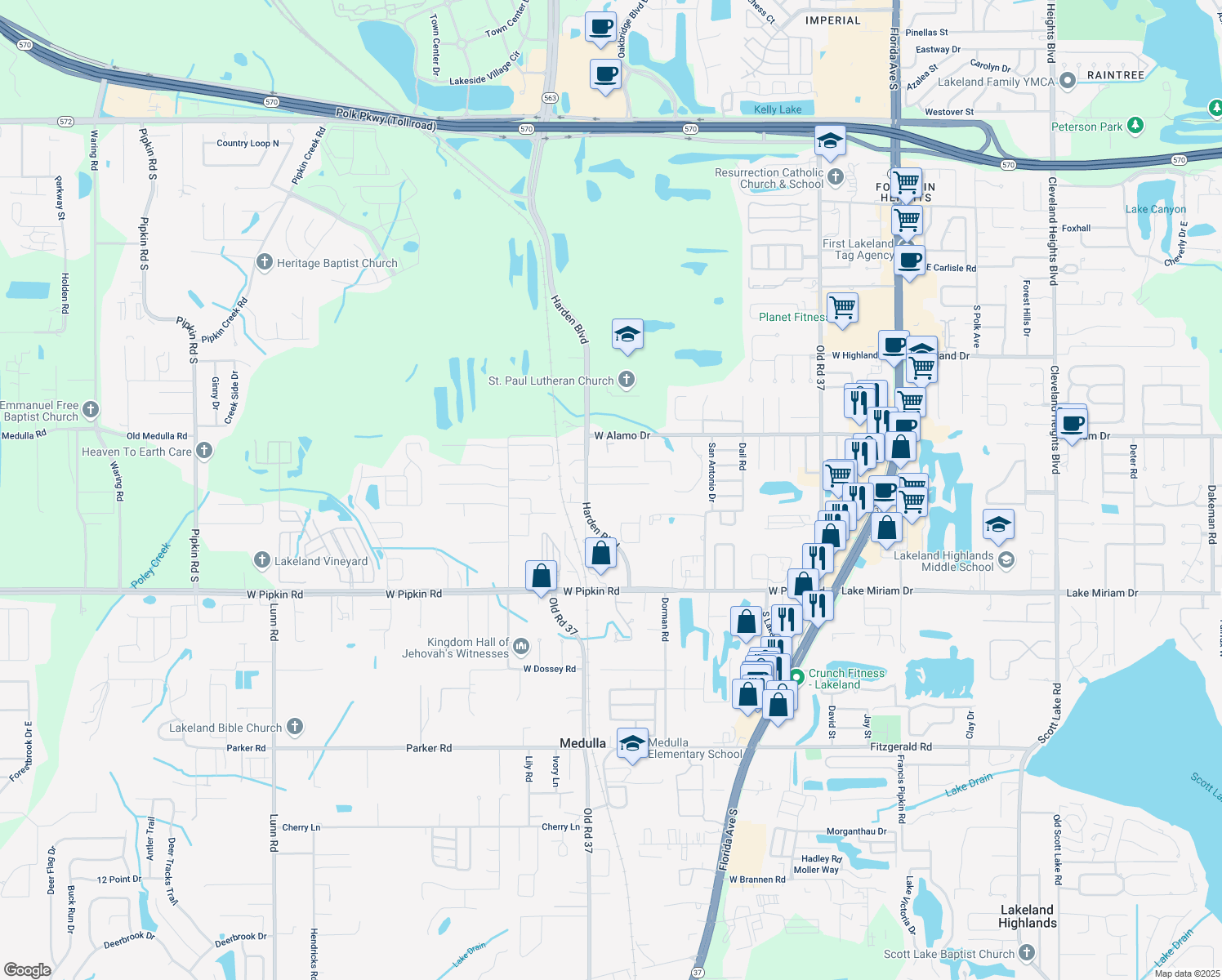 map of restaurants, bars, coffee shops, grocery stores, and more near 922 Winnie Lane in Lakeland