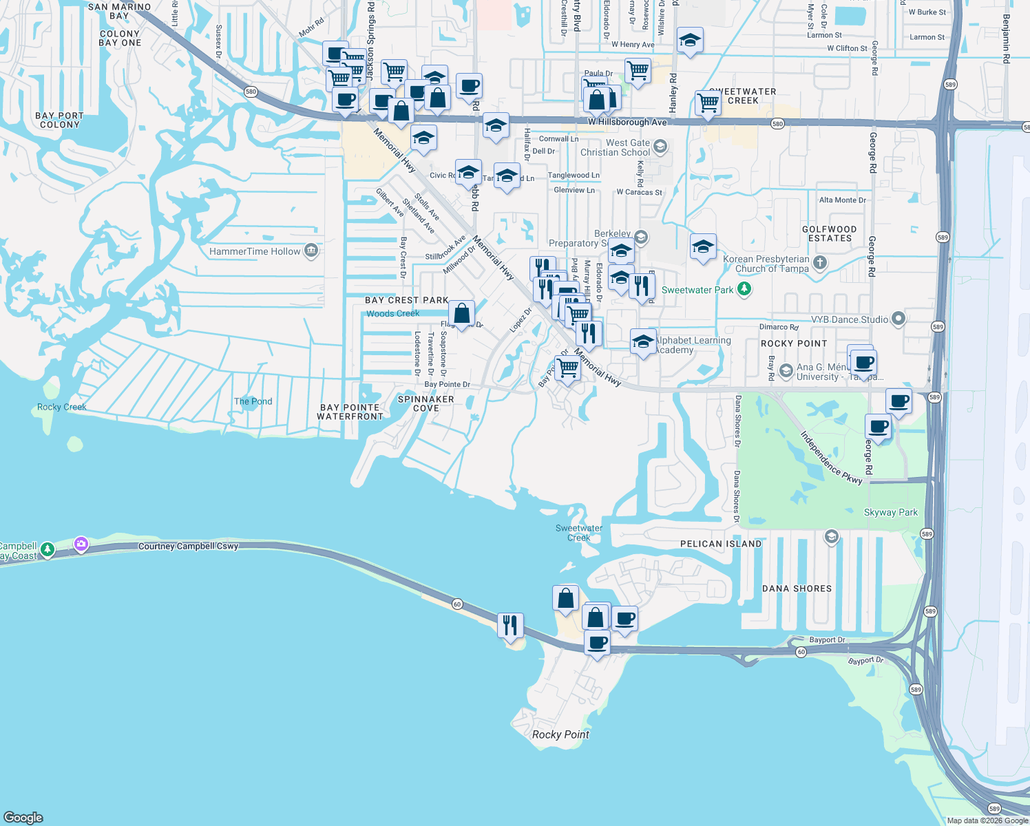 map of restaurants, bars, coffee shops, grocery stores, and more near 4307 Bayside Village Drive in Tampa