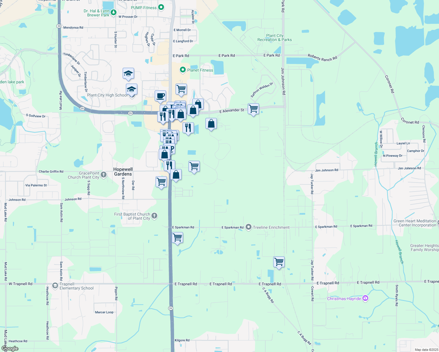 map of restaurants, bars, coffee shops, grocery stores, and more near 2712 Holly Bluff Court in Plant City