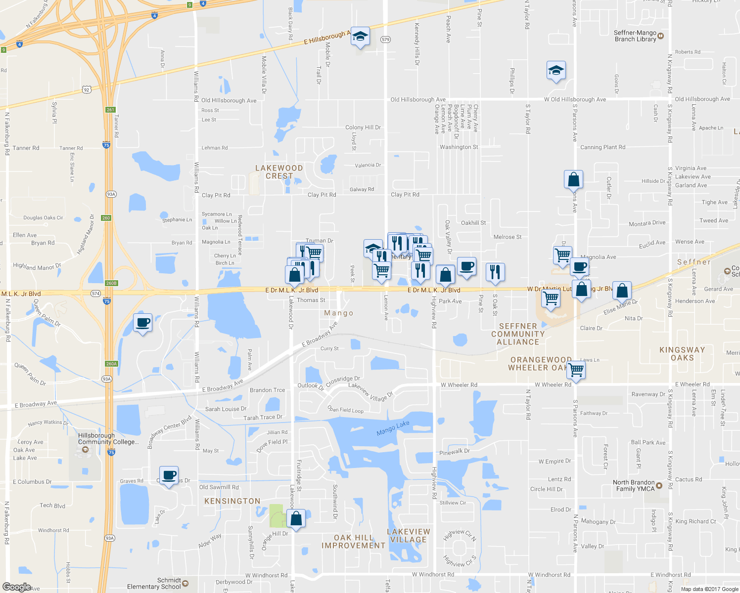 map of restaurants, bars, coffee shops, grocery stores, and more near 11611 East Doctor Martin Luther King Junior Boulevard in Seffner