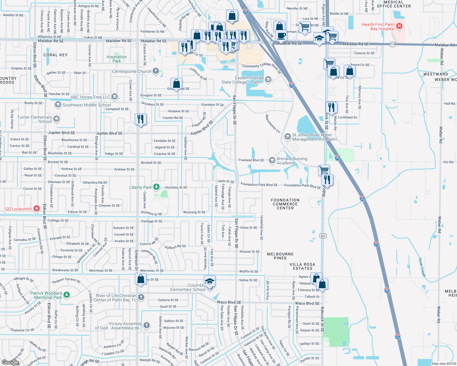 map of restaurants, bars, coffee shops, grocery stores, and more near 700 Taluga Avenue Southeast in Palm Bay