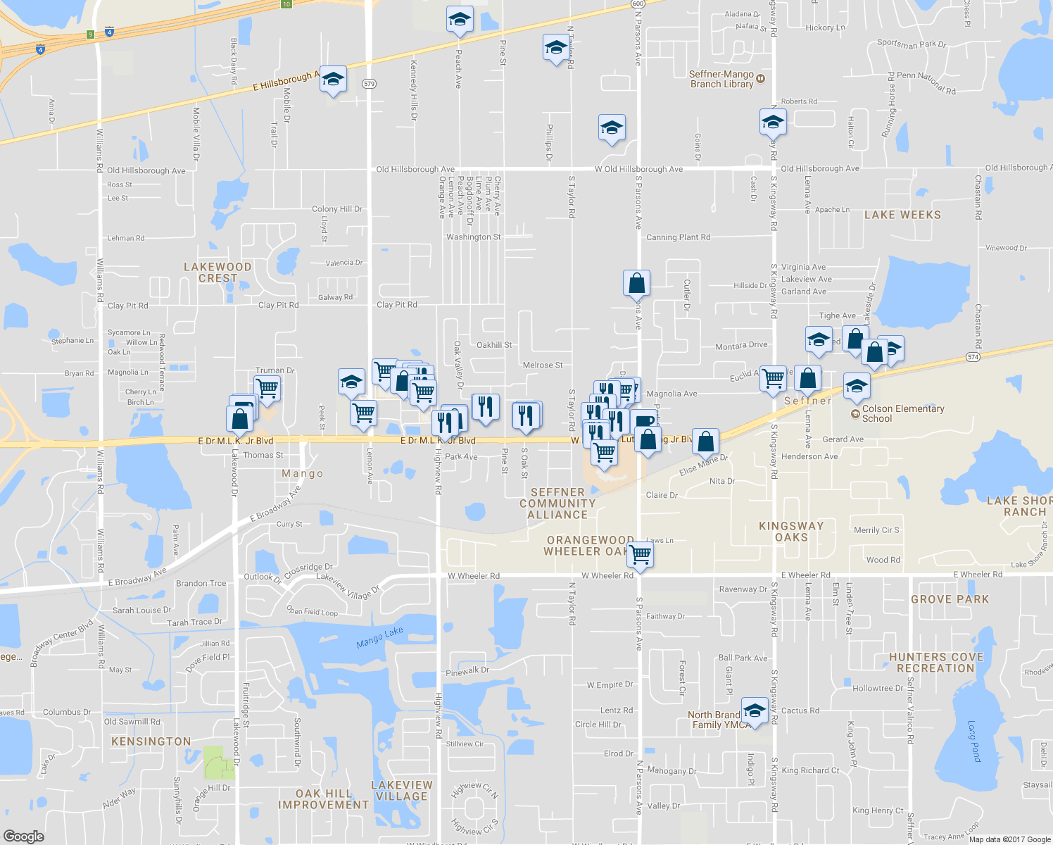 map of restaurants, bars, coffee shops, grocery stores, and more near 1033 Robson St in Seffner
