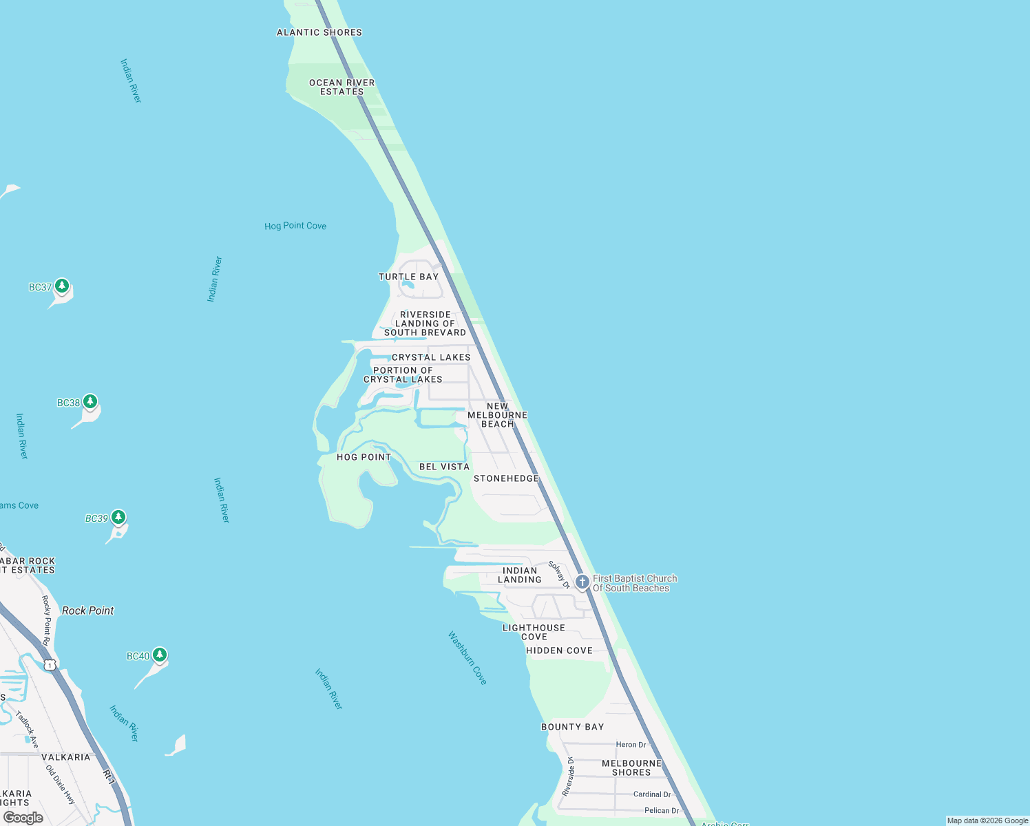 map of restaurants, bars, coffee shops, grocery stores, and more near 5145 Florida A1A in Melbourne Beach