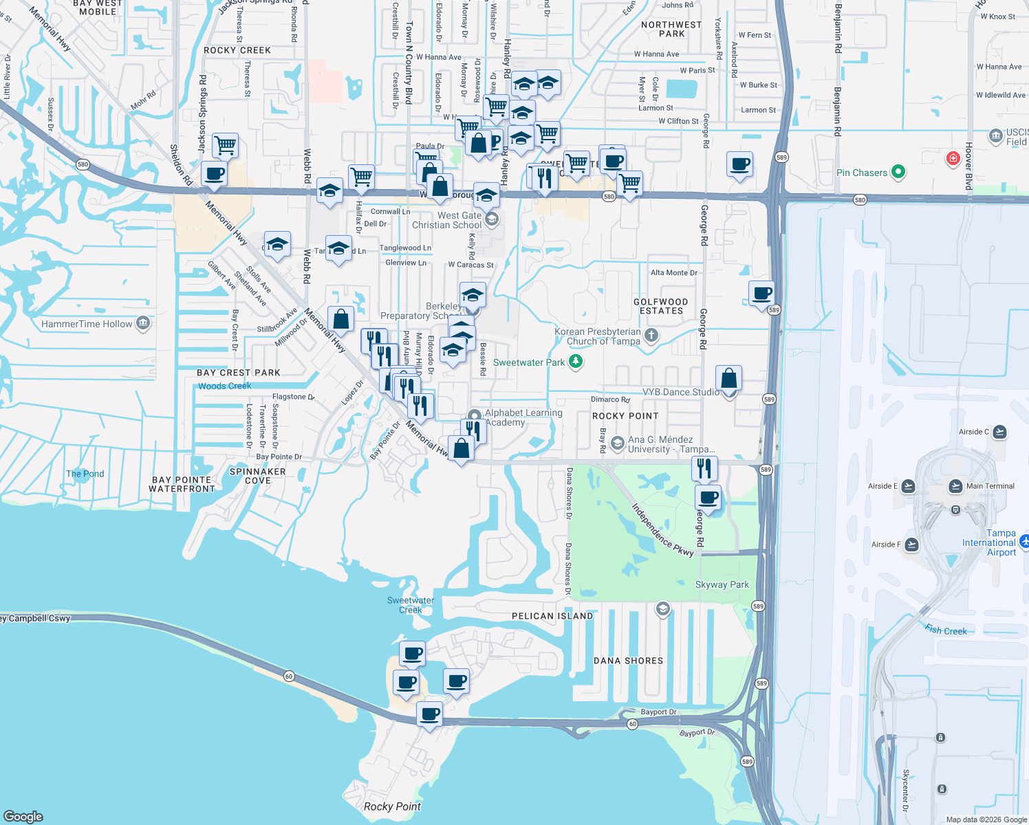 map of restaurants, bars, coffee shops, grocery stores, and more near 7313-7321 Winchester Drive in Town 'n' Country