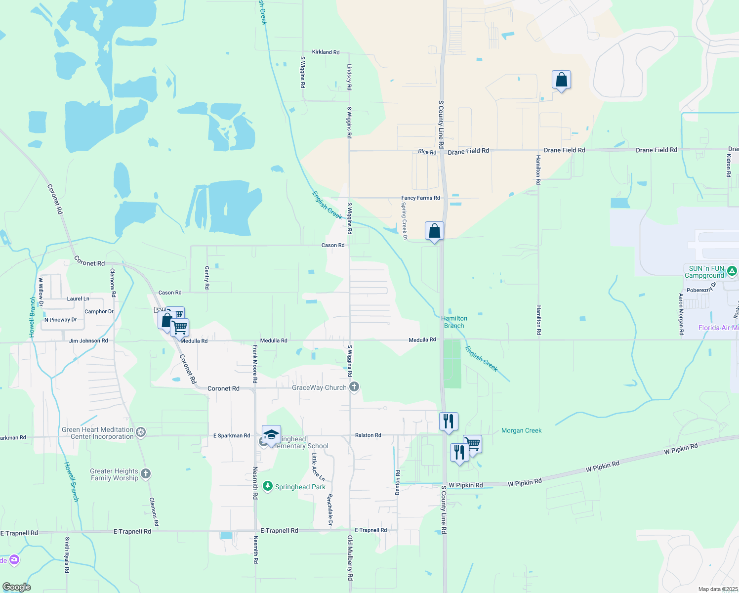 map of restaurants, bars, coffee shops, grocery stores, and more near 3413 Wiggins Acres Lane in Plant City