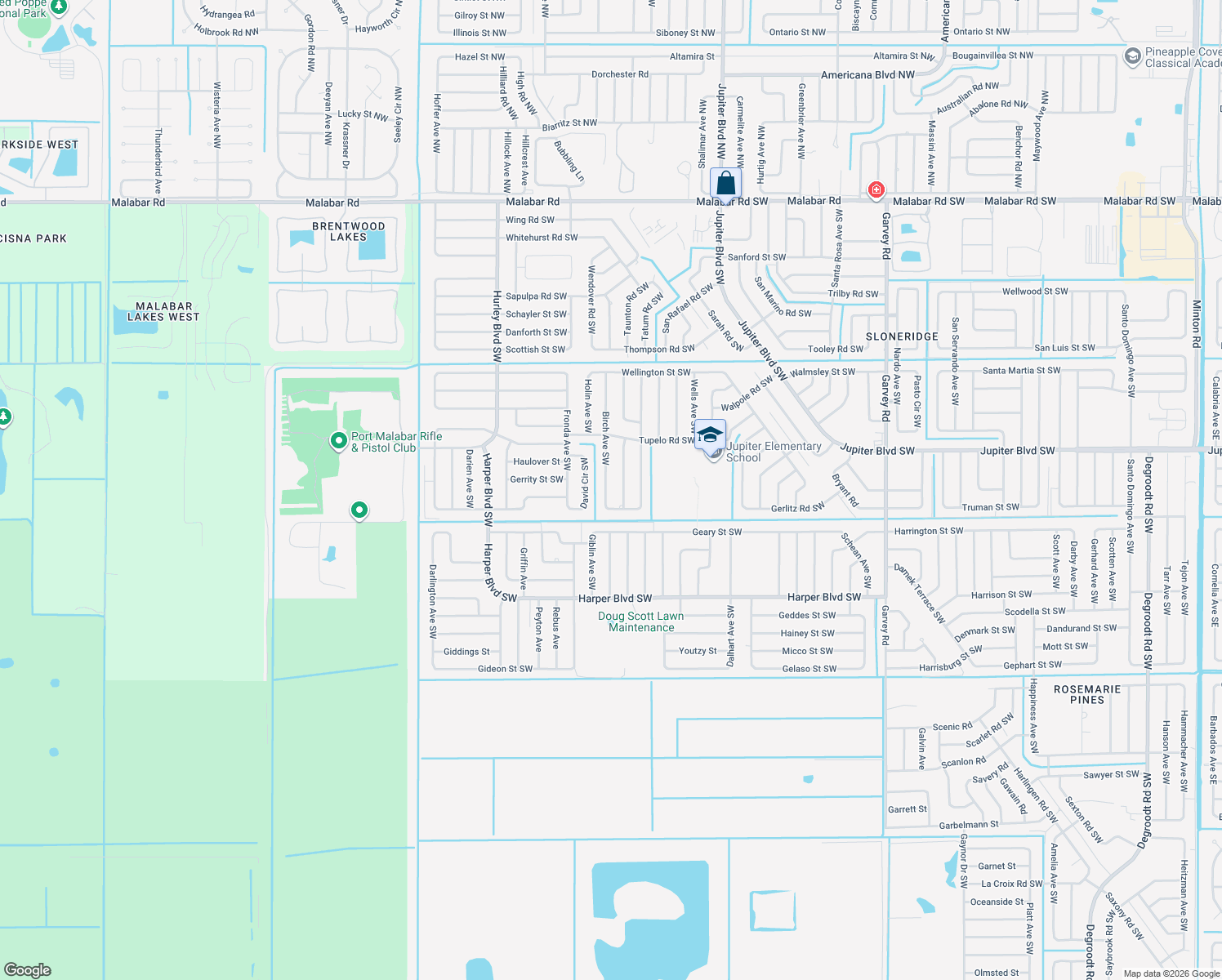 map of restaurants, bars, coffee shops, grocery stores, and more near 575 Birch Avenue Southwest in Palm Bay