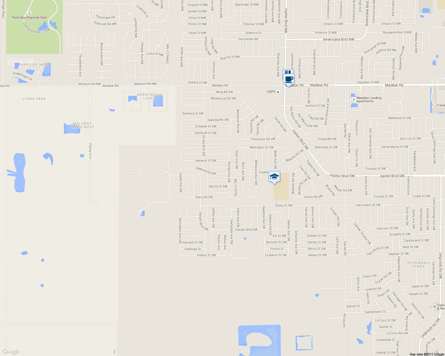 map of restaurants, bars, coffee shops, grocery stores, and more near 1229 Haulover Road Southwest in Palm Bay