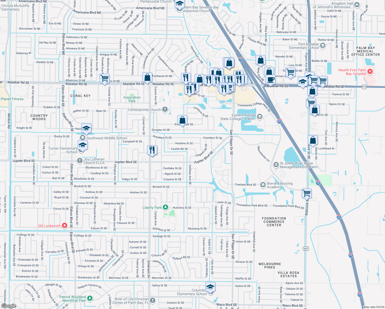 map of restaurants, bars, coffee shops, grocery stores, and more near 1021 Flagami Road Southeast in Palm Bay