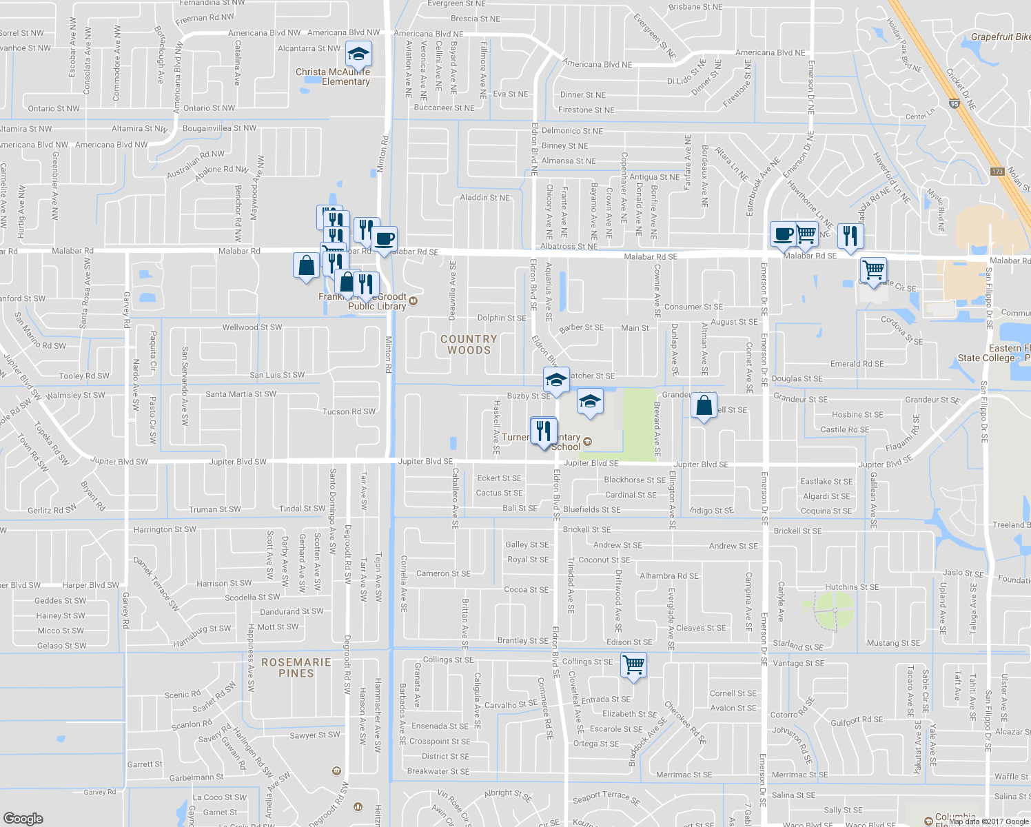 map of restaurants, bars, coffee shops, grocery stores, and more near 431 Bargello Avenue Southeast in Palm Bay