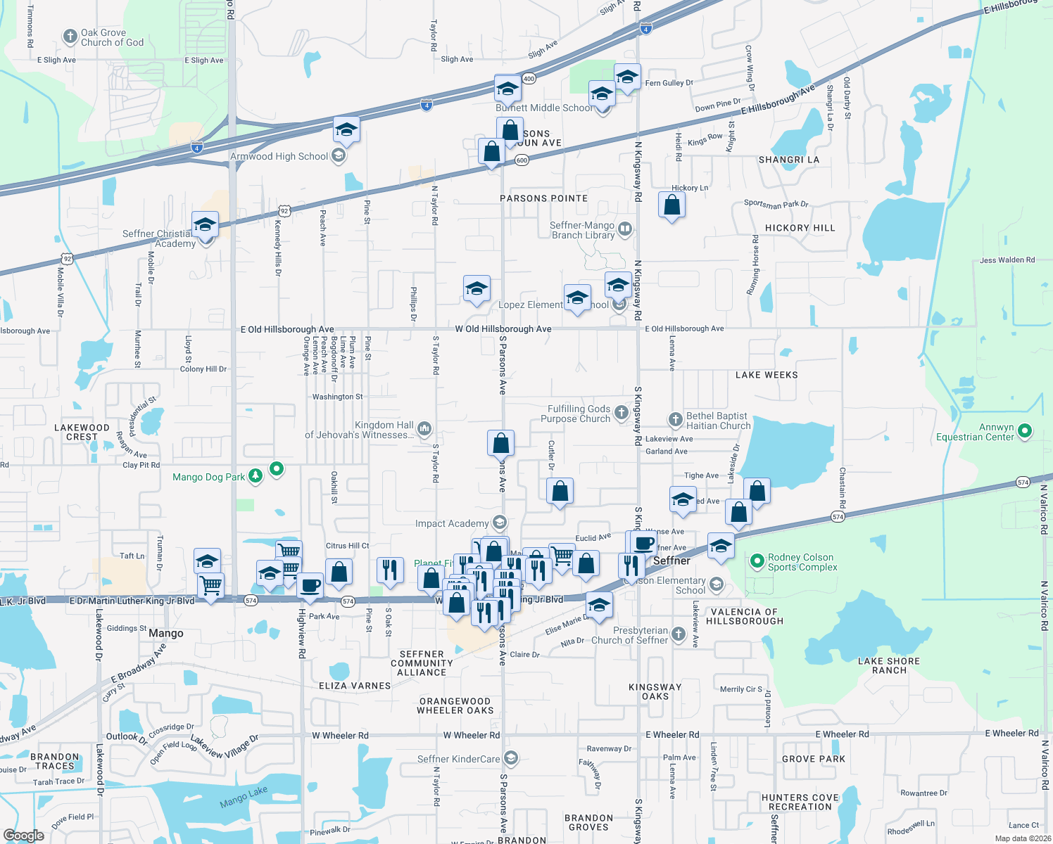 map of restaurants, bars, coffee shops, grocery stores, and more near 806 Chadsworth Avenue in Seffner
