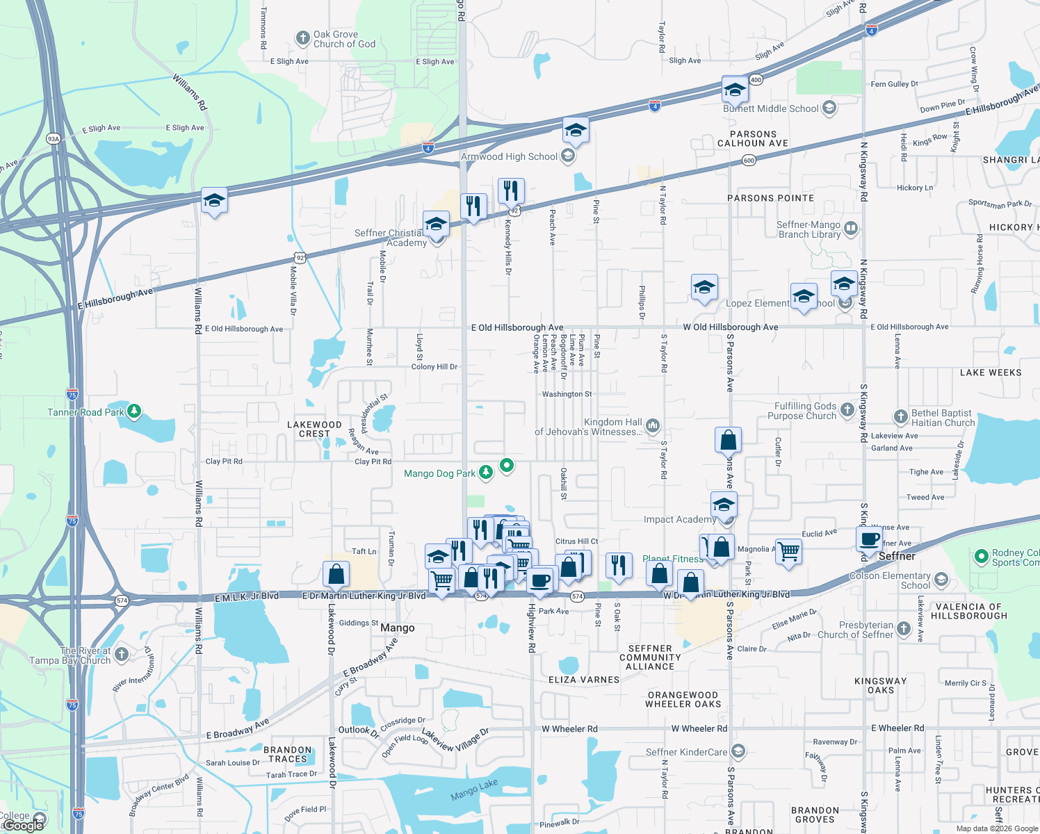 map of restaurants, bars, coffee shops, grocery stores, and more near 11813 Prickly Pear Way in Seffner