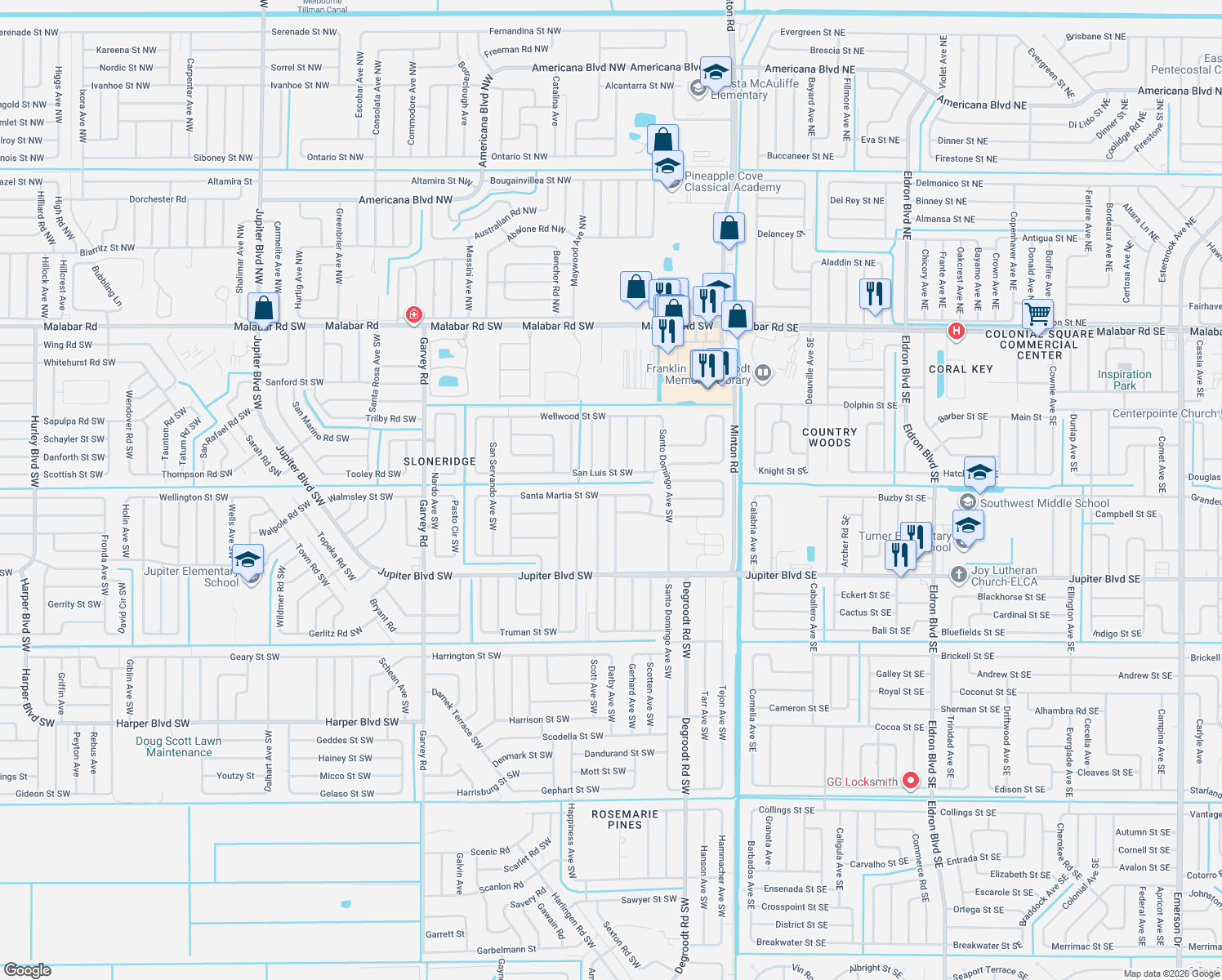 map of restaurants, bars, coffee shops, grocery stores, and more near 323 Santa Martia Street Southwest in Palm Bay