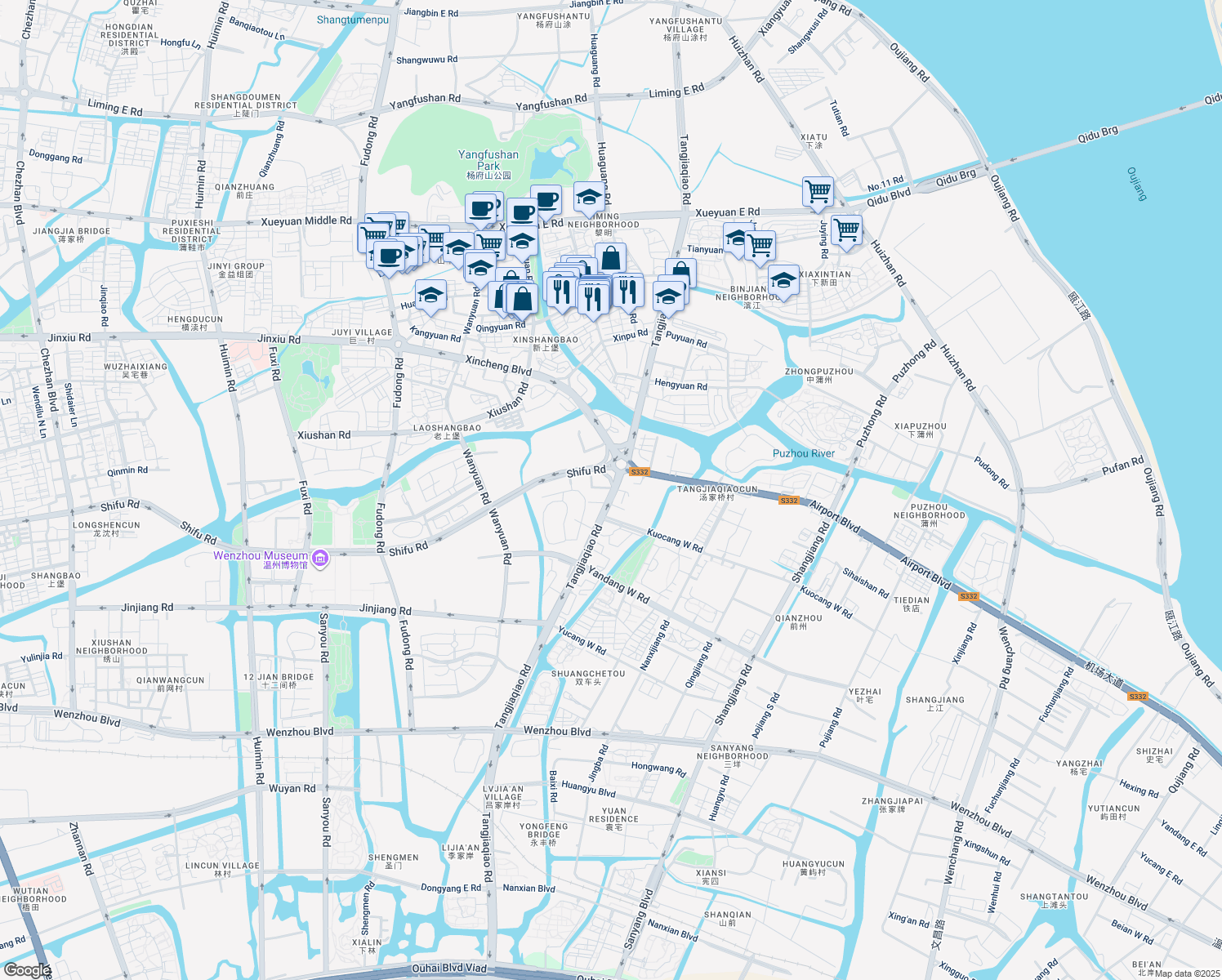 map of restaurants, bars, coffee shops, grocery stores, and more near Tang Jia Qiao Lu in Wen Zhou Shi