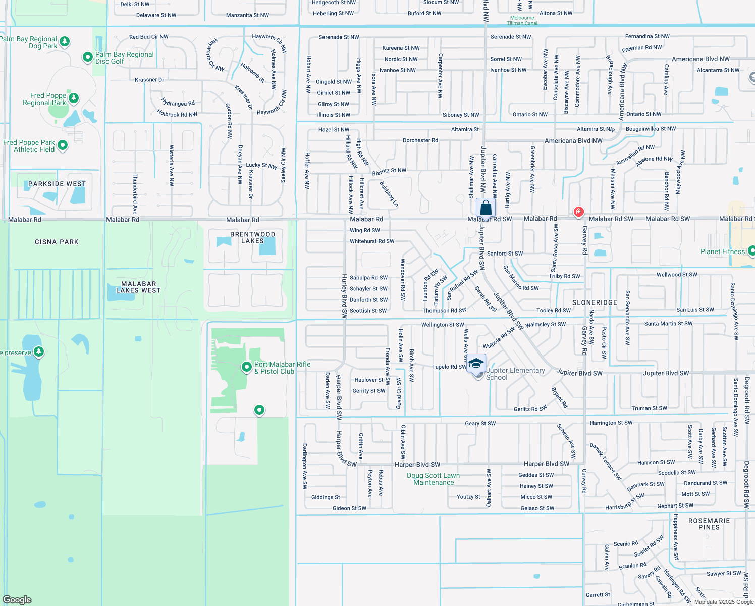 map of restaurants, bars, coffee shops, grocery stores, and more near 1218 Danforth Street Southwest in Palm Bay