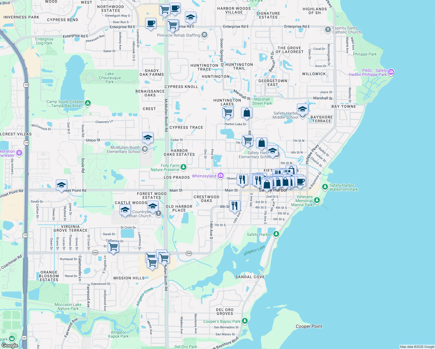 map of restaurants, bars, coffee shops, grocery stores, and more near 1302 Withlacoochee Street in Safety Harbor