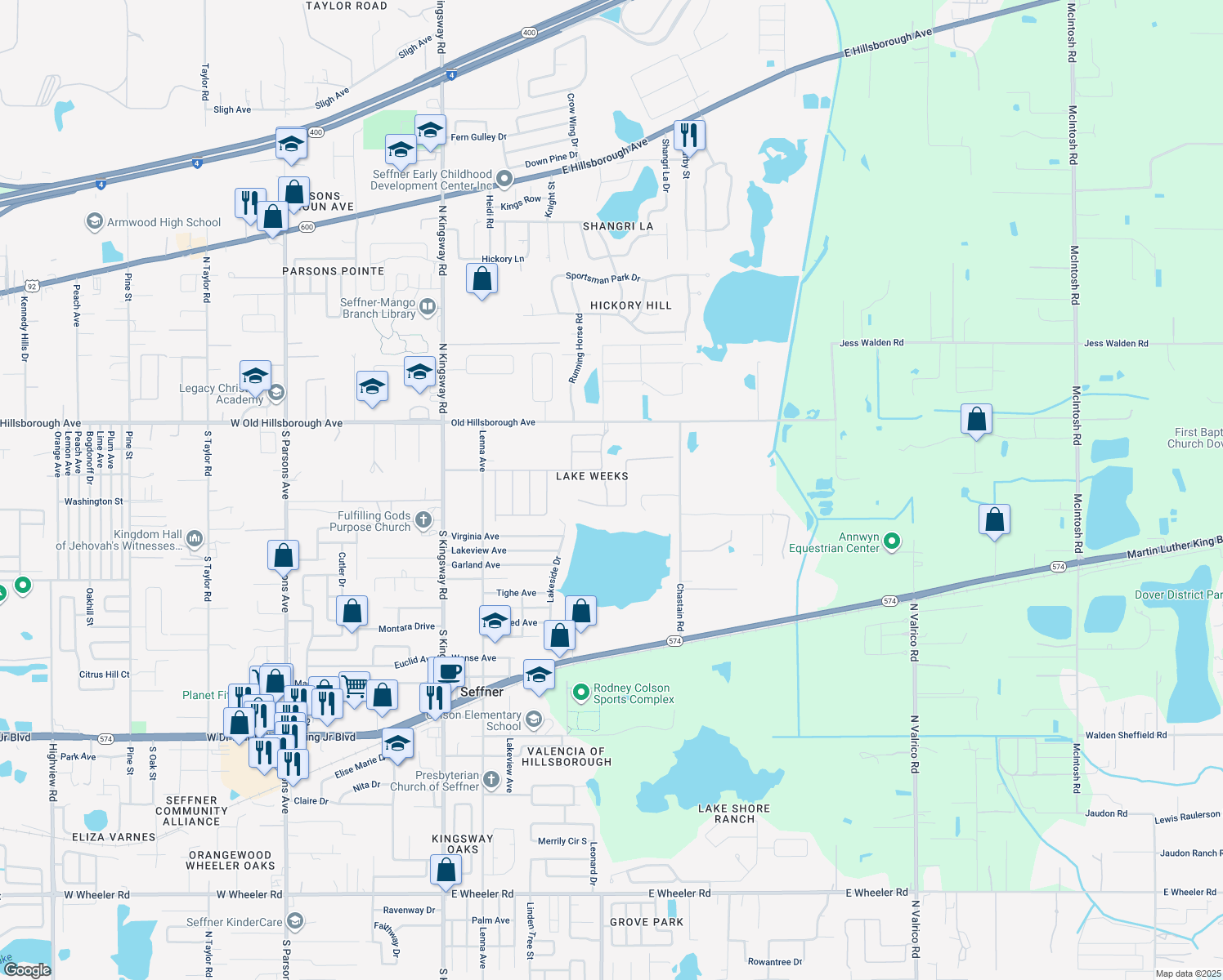 map of restaurants, bars, coffee shops, grocery stores, and more near 310 Red Elm Place in Seffner
