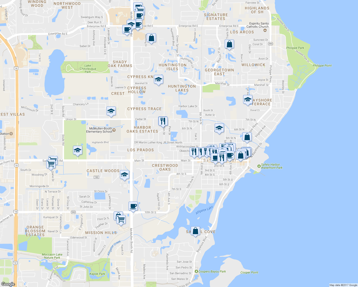 map of restaurants, bars, coffee shops, grocery stores, and more near 1140 Doctor ML King JR Street North in Safety Harbor