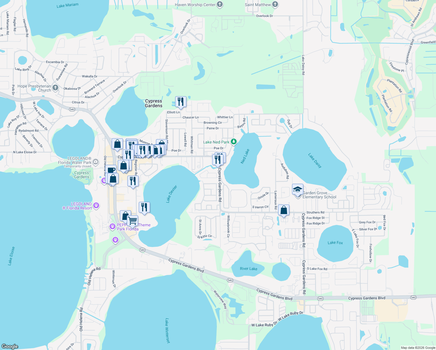 map of restaurants, bars, coffee shops, grocery stores, and more near 1477 Grand Cayman Circle in Winter Haven