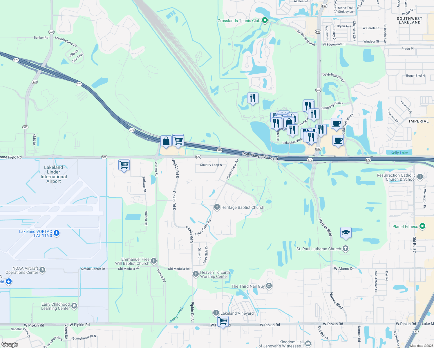 map of restaurants, bars, coffee shops, grocery stores, and more near 3918 Country Loop East in Lakeland