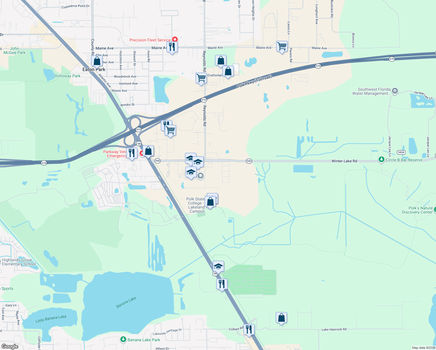 map of restaurants, bars, coffee shops, grocery stores, and more near 3700 Reynolds Road in Lakeland